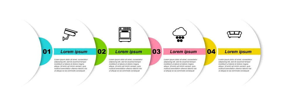 Set line Security camera, Oven, Cloud with snow and Sofa. Business infographi Stock Illustration