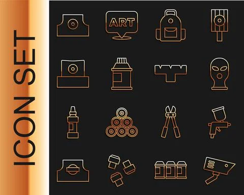 Set line Security camera, Paint spray gun, Balaclava, School backpack, Paint Stock Illustration