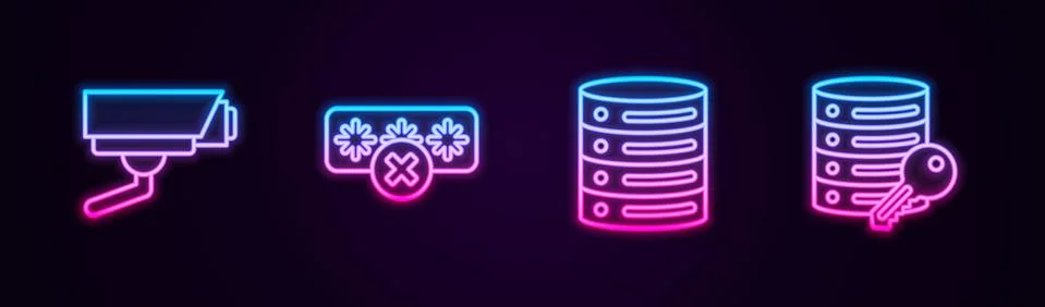 Set line Security camera, Password protection, Server, Data, Web Hosting and Illustrazione stock