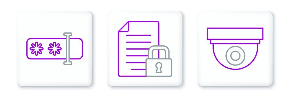 Set line Security camera, Password protection and Document and lock icon. V.. Stock Illustration