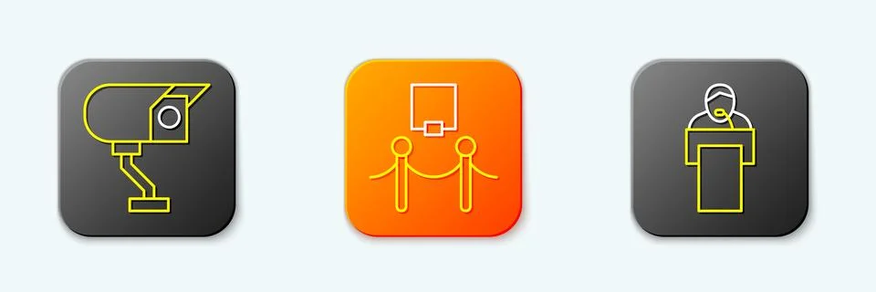 Set line Security camera, Picture and rope barrier and Gives lecture icon. .. Stock Illustration