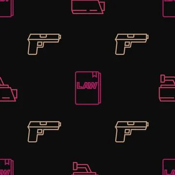 Set line Security camera, Pistol or gun and Law book on seamless pattern. Vector Stock Illustration