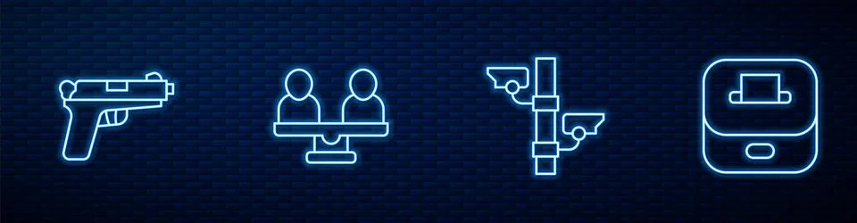 Set line Security camera, Pistol or gun, Gender equality and Vote box. Glow.. Stock Illustration