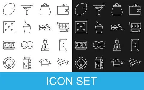 Set line Security camera, Playing card with diamonds, Slot machine, Wallet,.. Stock Illustration