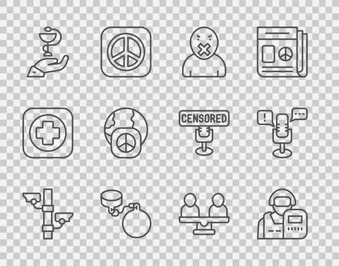 Set line Security camera, Police officer, Censor and freedom speech, Ball on Ilustración de archivo
