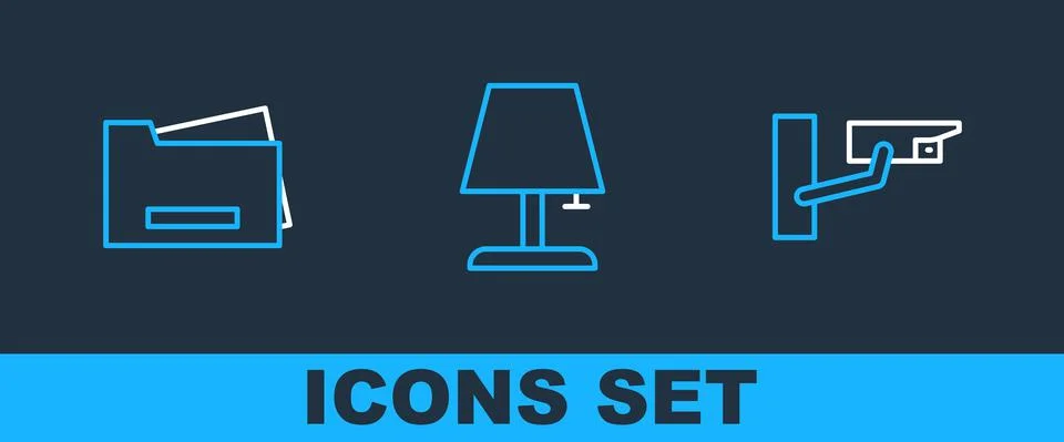 Set line Security camera, Printer and Table lamp icon. Vector Stock Illustration