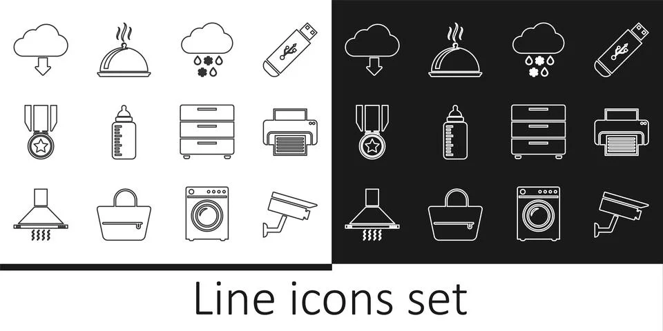Set line Security camera, Printer, Cloud with snow and rain, Baby bottle, Medal Stock Illustration