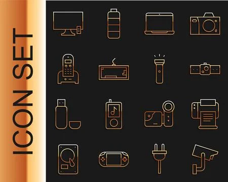 Set line Security camera, Printer, Smartwatch, Laptop, Keyboard, Telephone,.. Stock Illustration