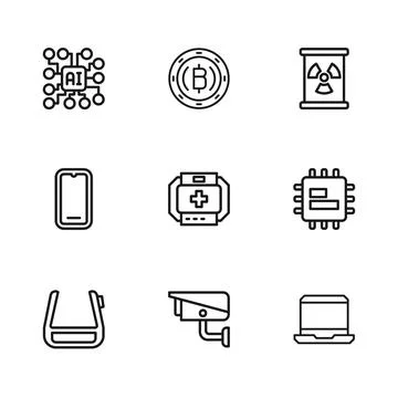 Set line Security camera Processor CPU Laptop First aid kit Radioactive waste Stock Illustration