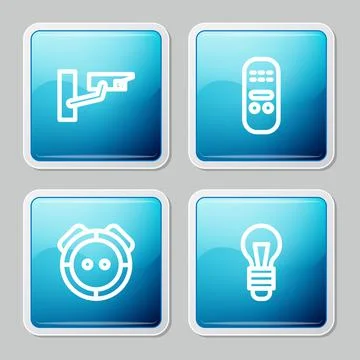 Set line Security camera, Remote control, Robot vacuum cleaner and Light bulb Stock Illustration