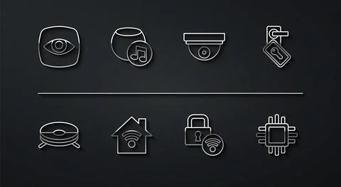 Set line Security camera, Robot vacuum cleaner, Digital door lock, Smart home 스톡 일러스트