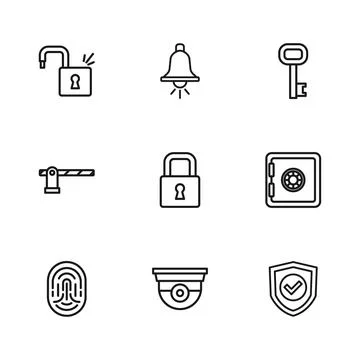 Set line Security camera, Safe, Shield with check mark, Lock, Old key, Open.. Illustrazione stock