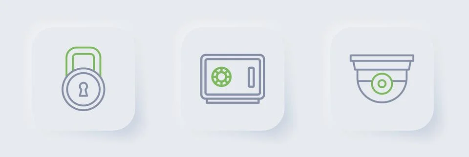 Set line Security camera, Safe and Lock icon. Vector Stock Illustration