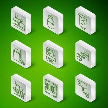 Set line Security camera, Scanner scanning bar code, Cashier at cash register Illustrazione stock