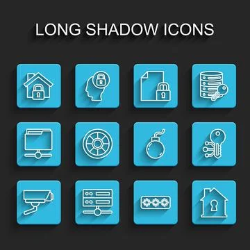 Set line Security camera, Server, Data, Web Hosting, House under protection Stock Illustration