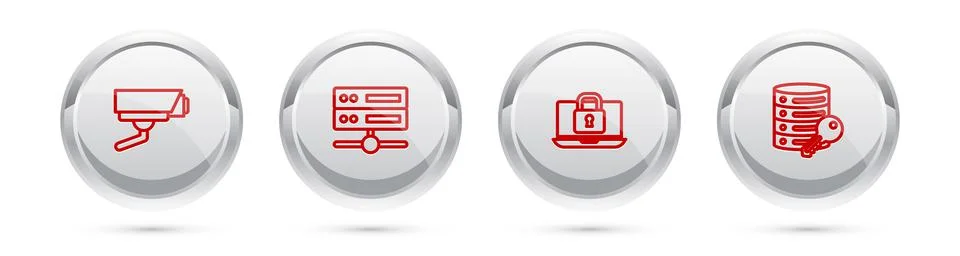Set line Security camera, Server, Data, Web Hosting, Laptop and lock and Stock Illustration
