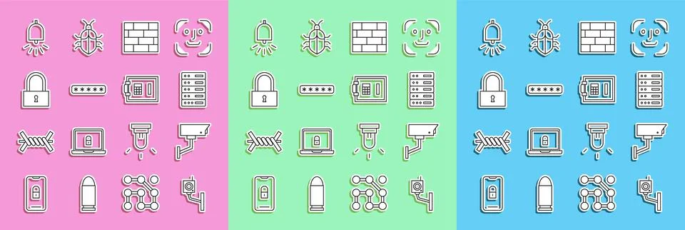 Set line Security camera, Server, Data, Web Hosting, Bricks, Password protection Stock Illustration