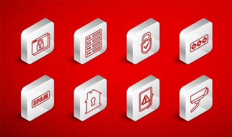 Set line Security camera, Server, Data, Web Hosting, Lock and check mark Stock Illustration