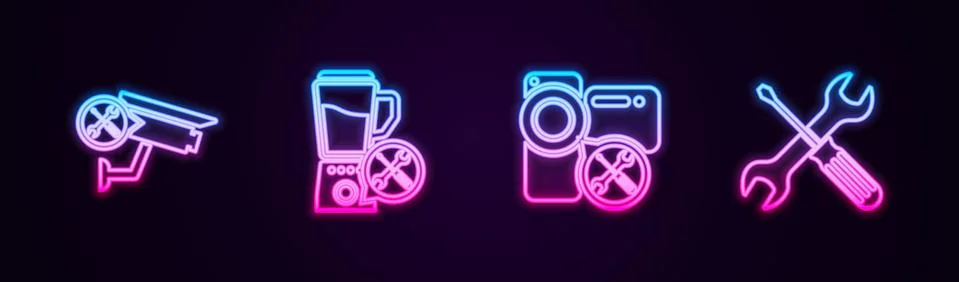 Set line Security camera service, Blender, Video and Crossed screwdriver and Stock Illustration