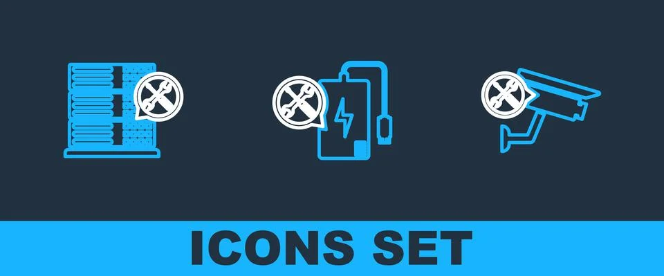 Set line Security camera service, Database server and Power bank icon. Vector Stock Illustration