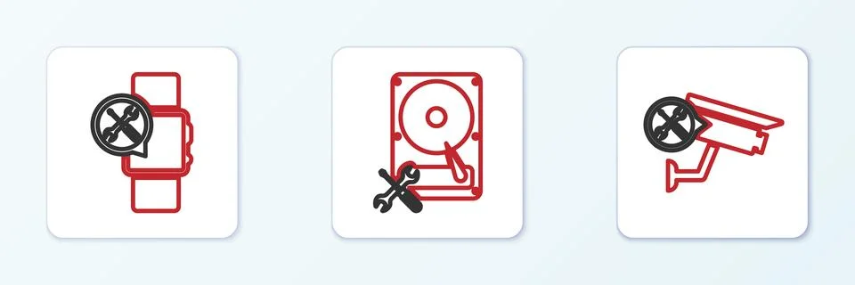 Set line Security camera service, Smartwatch and Hard disk drive icon. Vector Stock Illustration