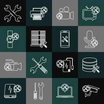 Set line Security camera service, Database server, Microphone, Video, Wrist.. Stock Illustration