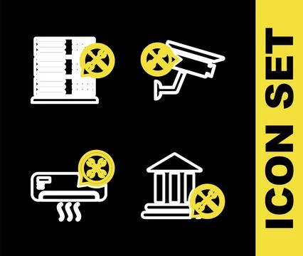 Set line Security camera service, Bank building, Air conditioner and Databa.. Ilustración de archivo