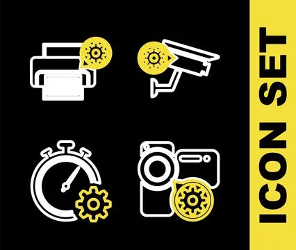 Set line Security camera setting, Video, Time management and Printer icon. Ve Stock Illustration