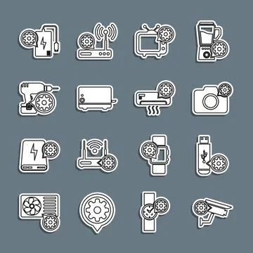 Set line Security camera setting, USB flash drive, Photo, Tv, Toaster, Dril.. Stock Illustration