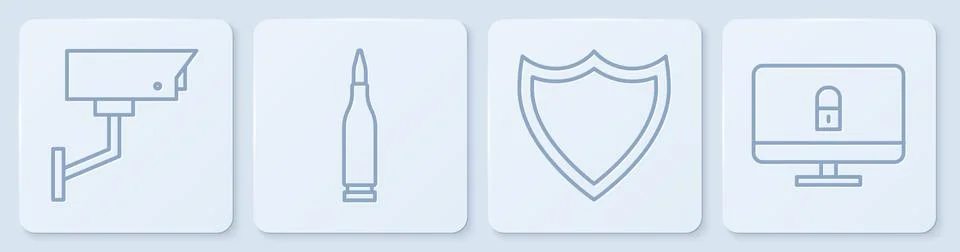 Set line Security camera, Shield, Bullet and Lock on computer monitor. White Illustrazione stock