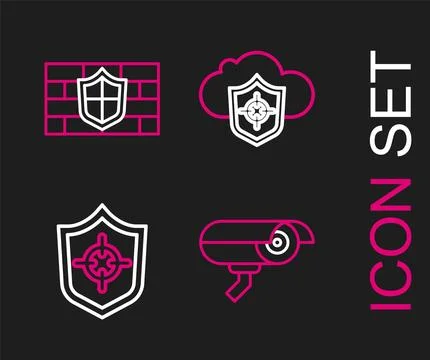 Set line Security camera, Shield, Cloud and shield and with brick wall icon.. イラスト素材