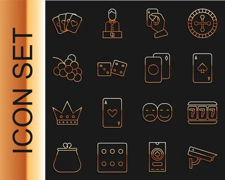 Set line Security camera, Slot machine with lucky sevens, Playing card spades Stock Illustration