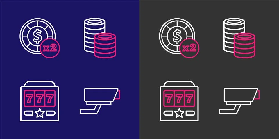 Set line Security camera, Slot machine with jackpot, Casino chips and  icon.. Stock Illustration