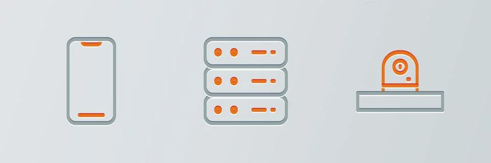 Set line Security camera, Smartphone and Server, Data, Web Hosting icon. Vector Stock Illustration