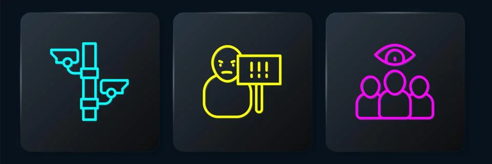 Set line Security camera, Spy, agent and Protest. Black square button. Vector Illustrazione stock