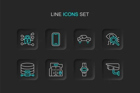 Set line Security camera, Wrist watch, Futuristic sliding doors, Cloud data.. Illustrazione stock