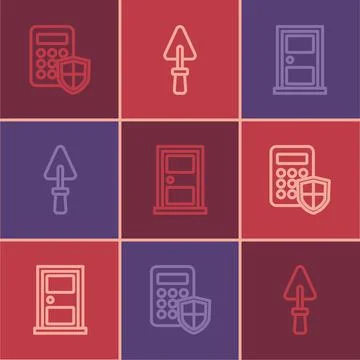 Set line Security keypad access panel, Closed door and Trowel icon. Vector Ilustración de archivo