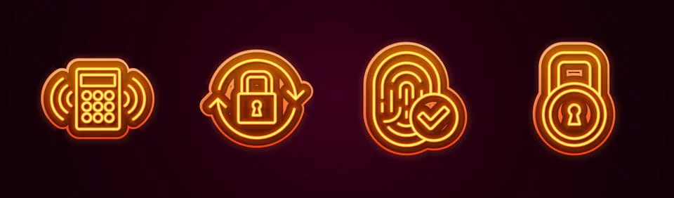 Set line Security keypad access panel, Lock, Fingerprint and . Glowing neon icon Stock Illustration