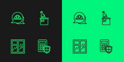 Set line Security keypad access panel, Window in room, Worker safety helmet and Stock Illustration