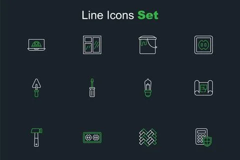 Set line Security keypad access panel, Parquet, Electrical outlet, Hammer, .. Stock Illustration
