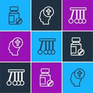 Set line Sedative pills, Pendulum and Man graves funeral sorrow icon. Vector Stock Illustration