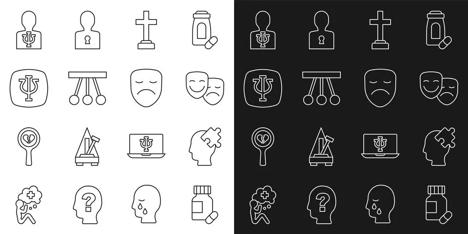 Set line Sedative pills, Solution to the problem, Comedy and tragedy masks Illustrazione stock