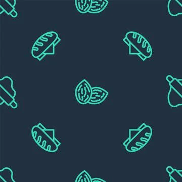 Set line Seed, Bread loaf and Rolling pin on dough on seamless pattern. Vector Illustrazione stock