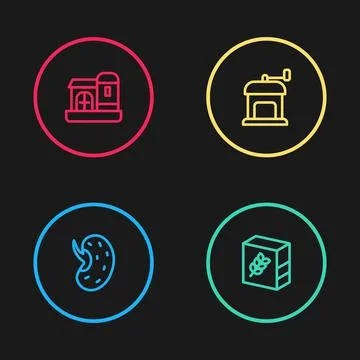 Set line Seed, Flour pack, Manual coffee grinder and Farm house icon. Vector Stock Illustration