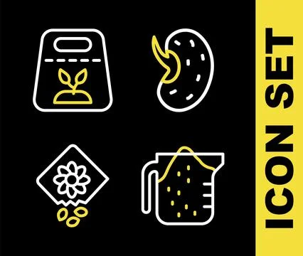 Set line Seed, Measuring cup, Pack full of seeds of plant and  icon. Vector Stock Illustration