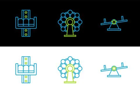 Set line Seesaw, Attraction carousel and Ferris wheel icon. Vector Illustrazione stock