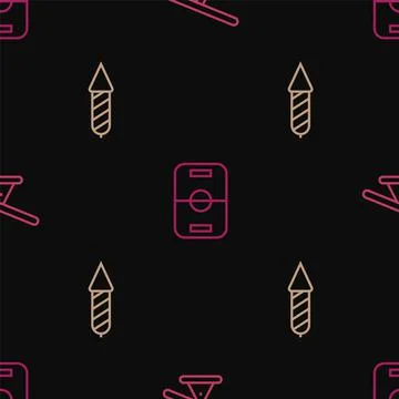 Set line Seesaw, Firework rocket and Hockey table on seamless pattern. Vector Illustrazione stock