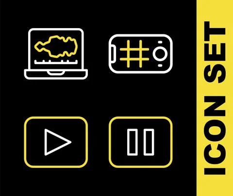 Set line Selfie on mobile, Pause button, Play and Sound or audio recorder icon Illustrazione stock