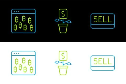 Set line Sell button, Bitcoin in browser and Dollar plant icon. Vector Stock Illustration