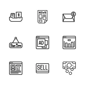 Set line Sell button, Browser with stocks market, Stacks paper money cash, .. 스톡 일러스트